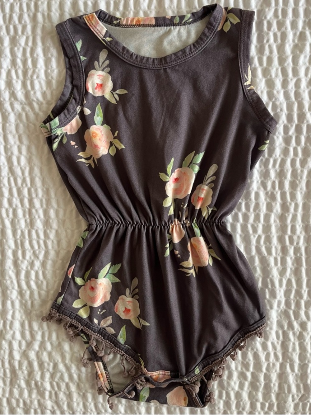 Girls Floral Romper - Gray with Peach Roses